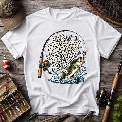 Here Fishy Fishy Fishy Funny Bass Fishing Graphic T-Shirt