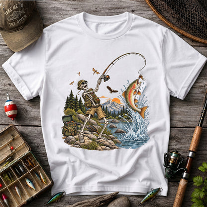 Skeleton Angler Catching Trout at a Mountain Lake Fishing T-Shirt