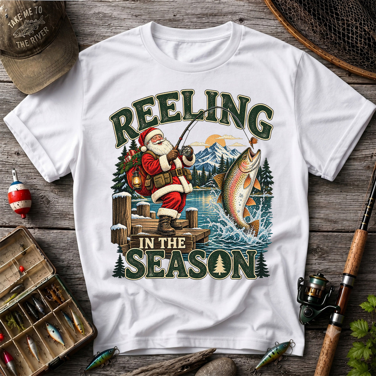 Reeling in the Season Santa Fishing for Rainbow Trout Christmas T-Shirt