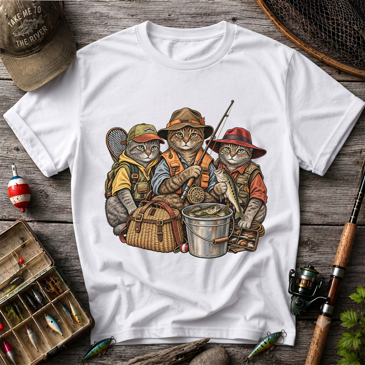 Three Fishing Cats with Rod and Catch Vintage Graphic T-Shirt