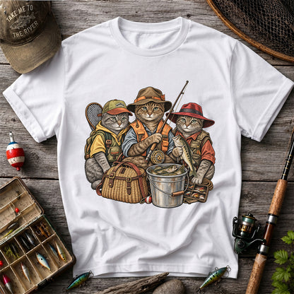 Three Fishing Cats with Rod and Catch Vintage Graphic T-Shirt