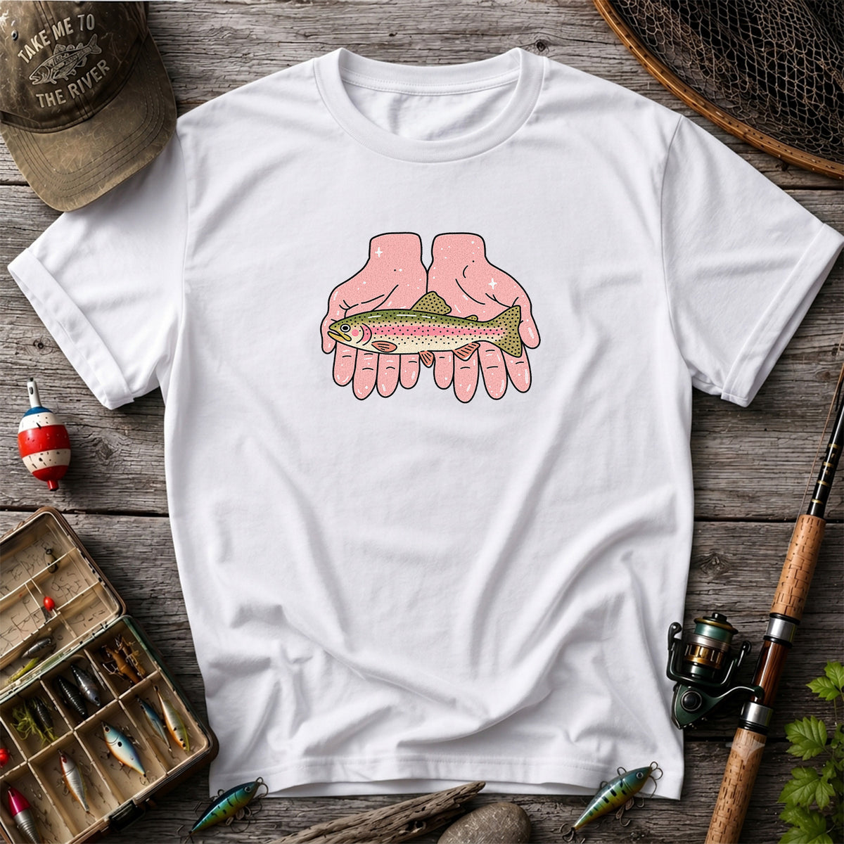 Rainbow Trout Held in Pink Hands Fishing Graphic T-Shirt