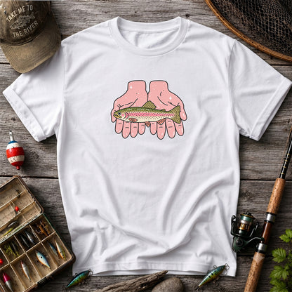 Rainbow Trout Held in Pink Hands Fishing Graphic T-Shirt