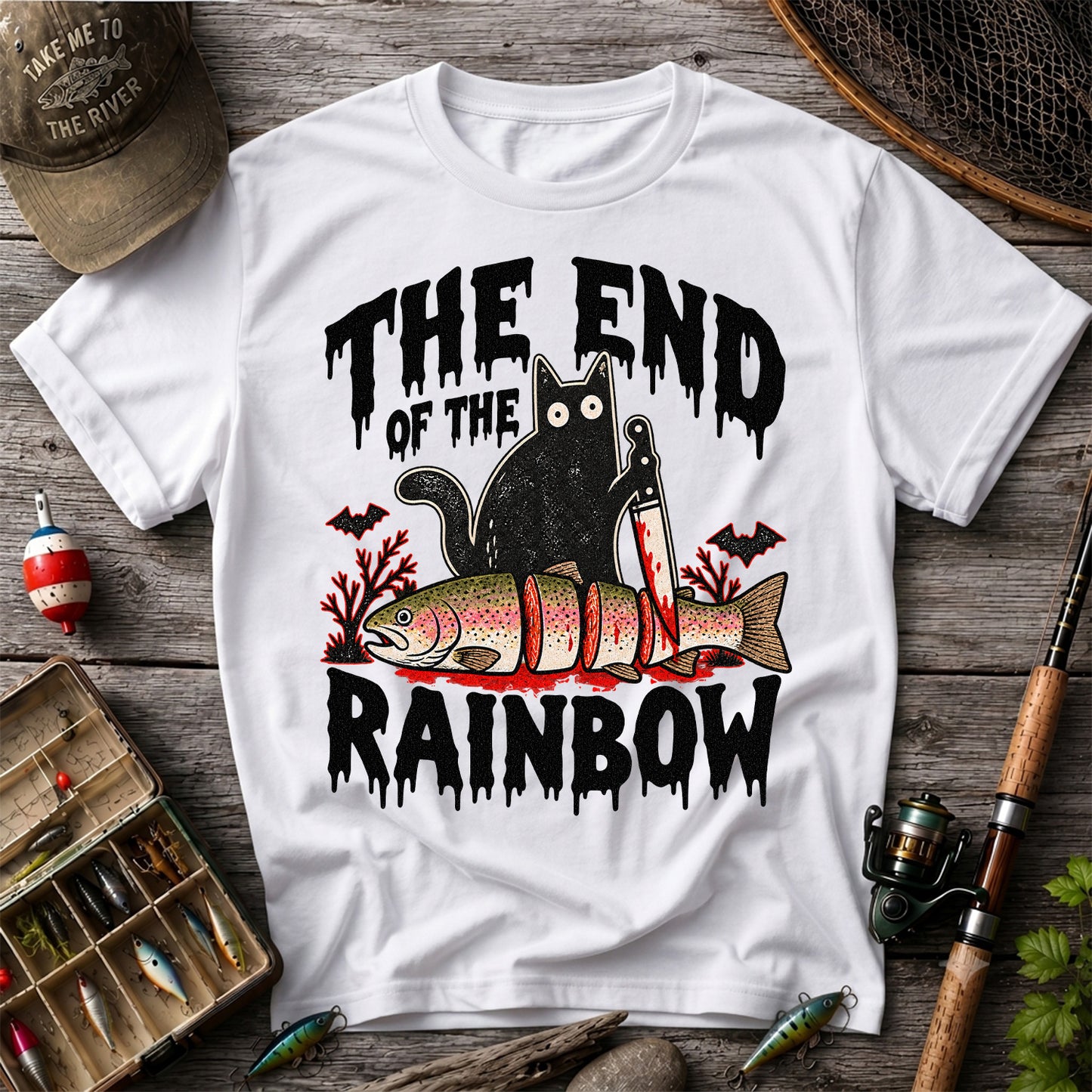 The End of the Rainbow Black Cat and Rainbow Trout Halloween Fishing T-Shirt