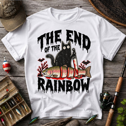 The End of the Rainbow Black Cat and Rainbow Trout Halloween Fishing T-Shirt