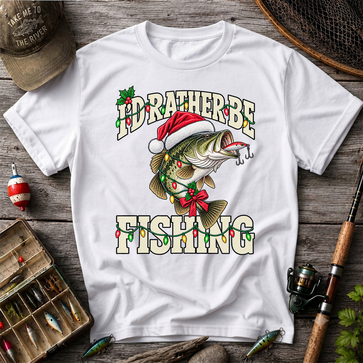 Santa Hat Bass Christmas Fishing Graphic T-Shirt