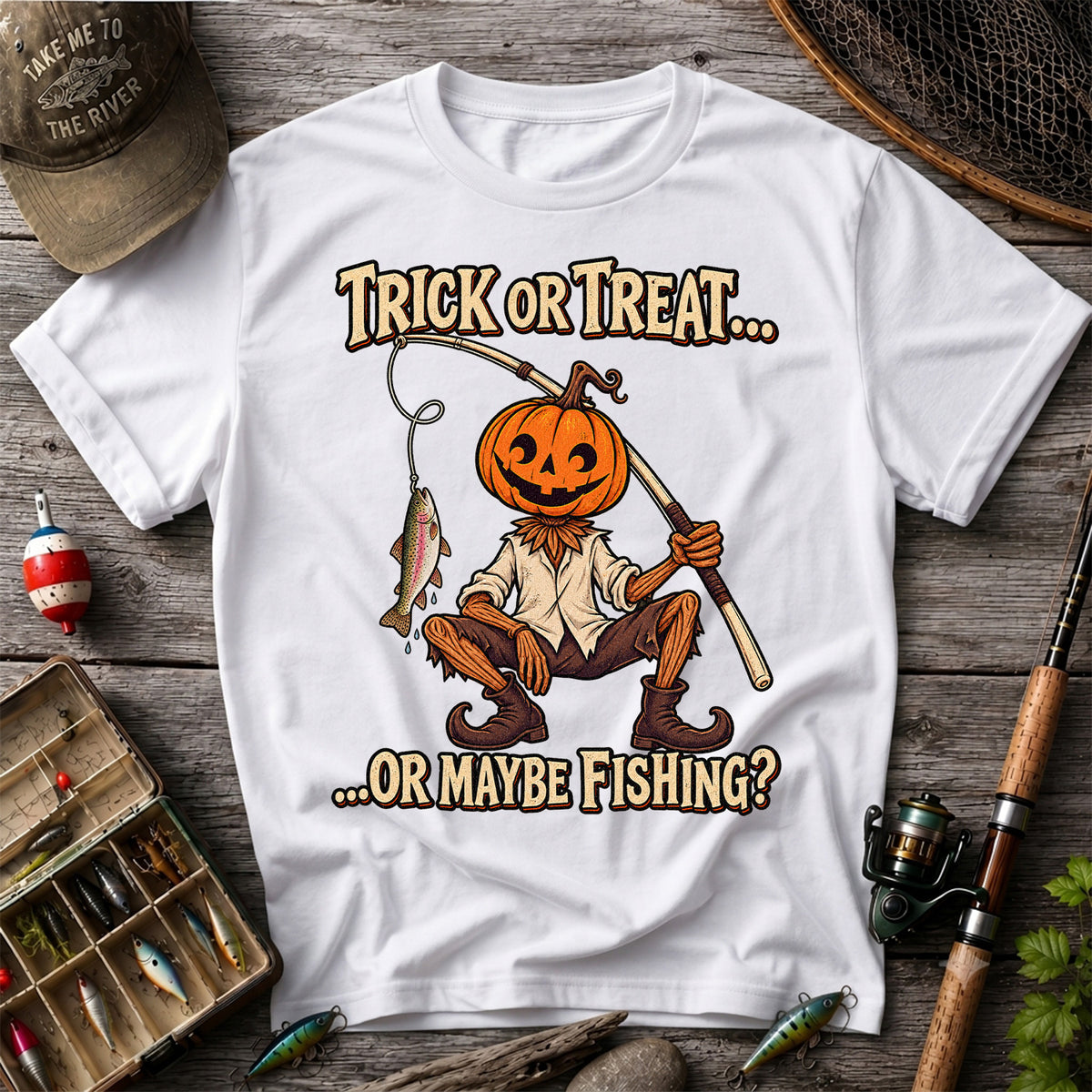 Trick or Treat Or Maybe Fishing Pumpkin Angler with Trout Halloween T-Shirt