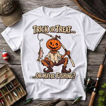 Trick or Treat Or Maybe Fishing Pumpkin Angler with Trout Halloween T-Shirt