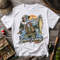 Forever Fishing Skeleton Angler Holding Brown Trout Graphic T-Shirt