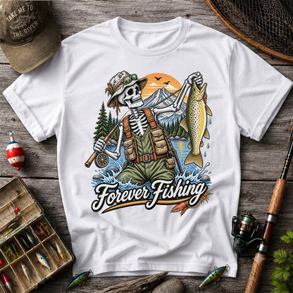 Forever Fishing Skeleton Angler Holding Brown Trout Graphic T-Shirt