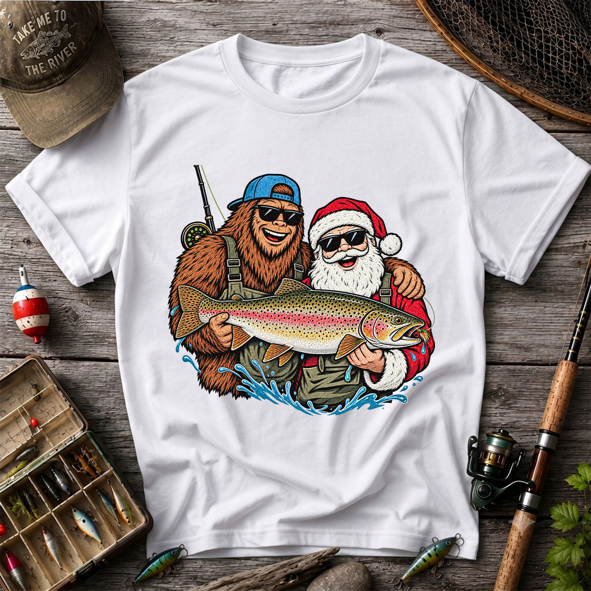 Bigfoot and Santa Holding Rainbow Trout Christmas Fishing Graphic T-Shirt