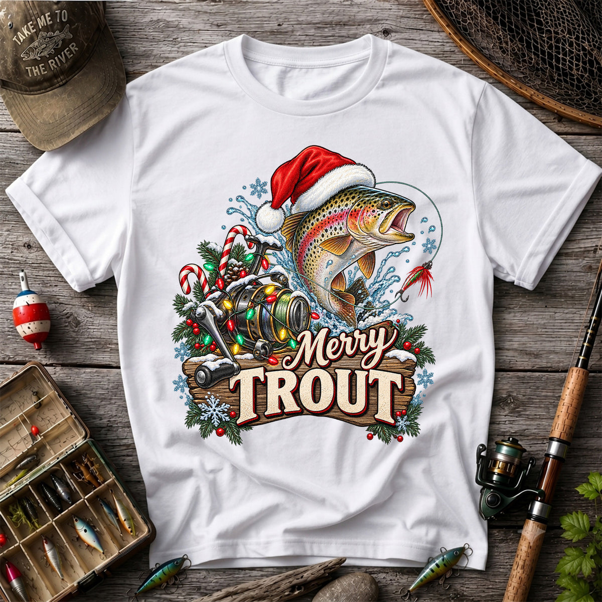 Merry Trout Christmas Rainbow Trout and Fishing Reel T-Shirt