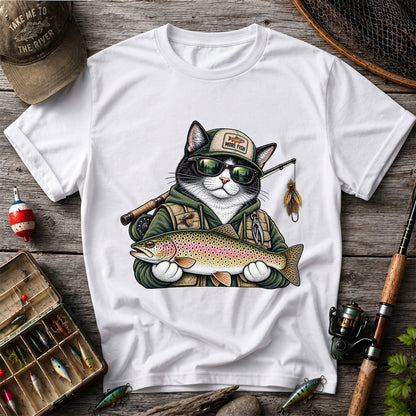 Cat Holding Rainbow Trout Fishing Graphic T-Shirt