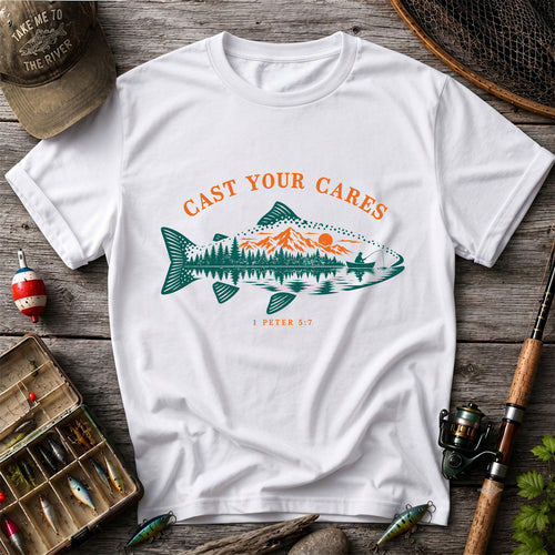 Cast Your Cares 1 Peter 5:7 Fish Silhouette Mountain Lake Fishing T-Shirt