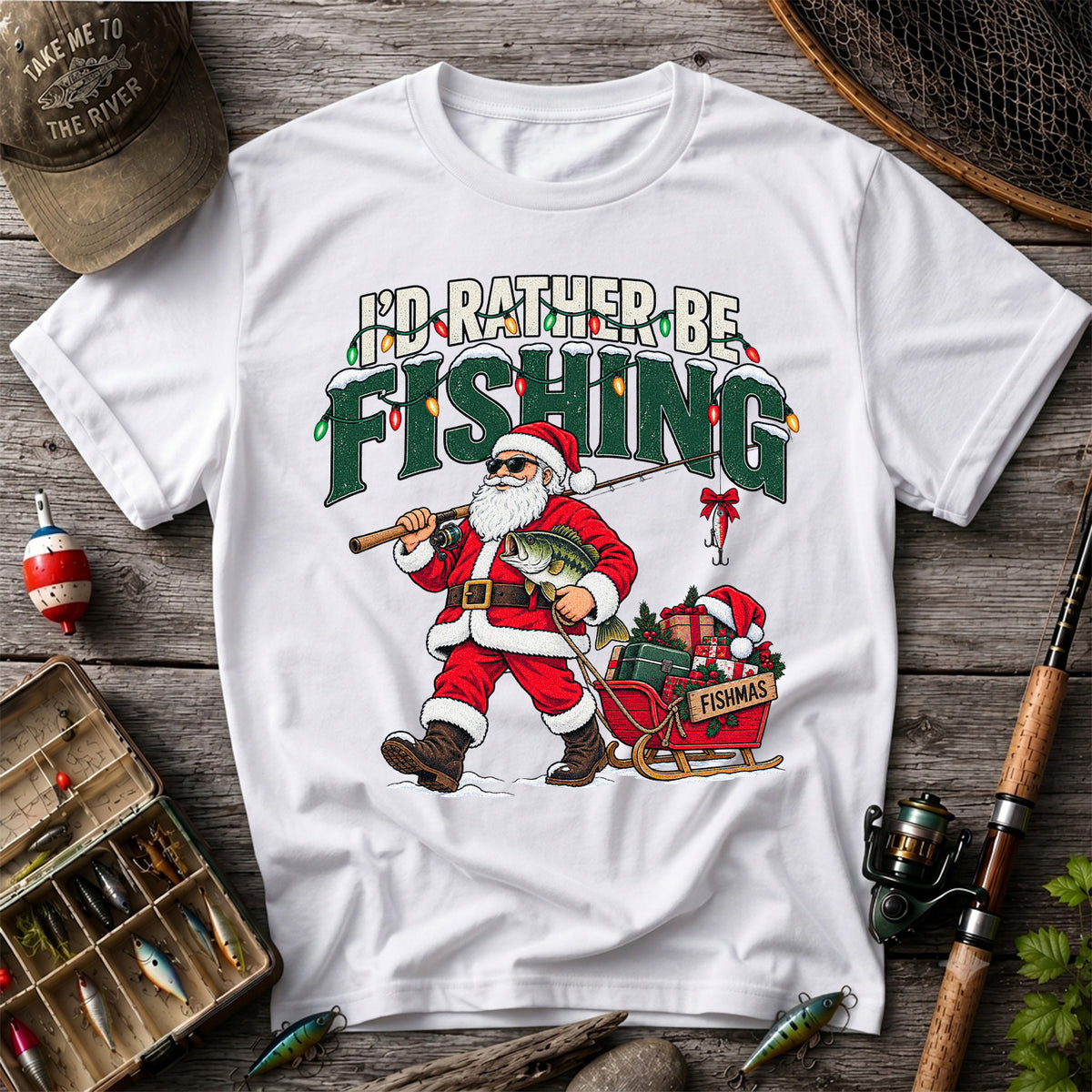 Santa Fishing with Bass Christmas Graphic T-Shirt