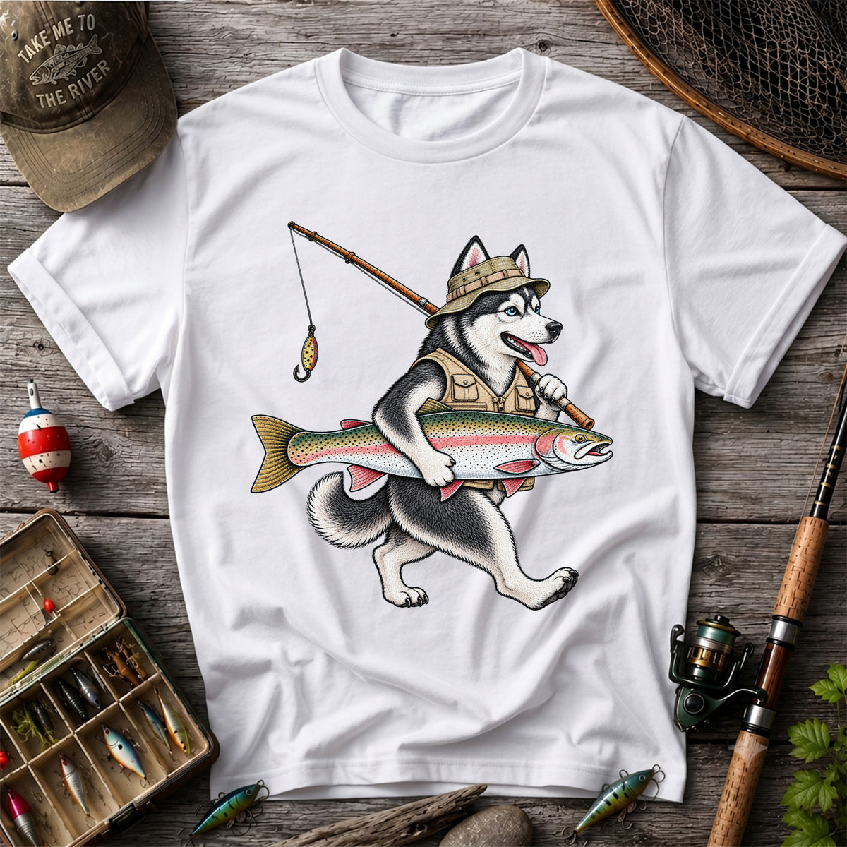 Husky Holding Rainbow Trout Fishing Graphic T-Shirt