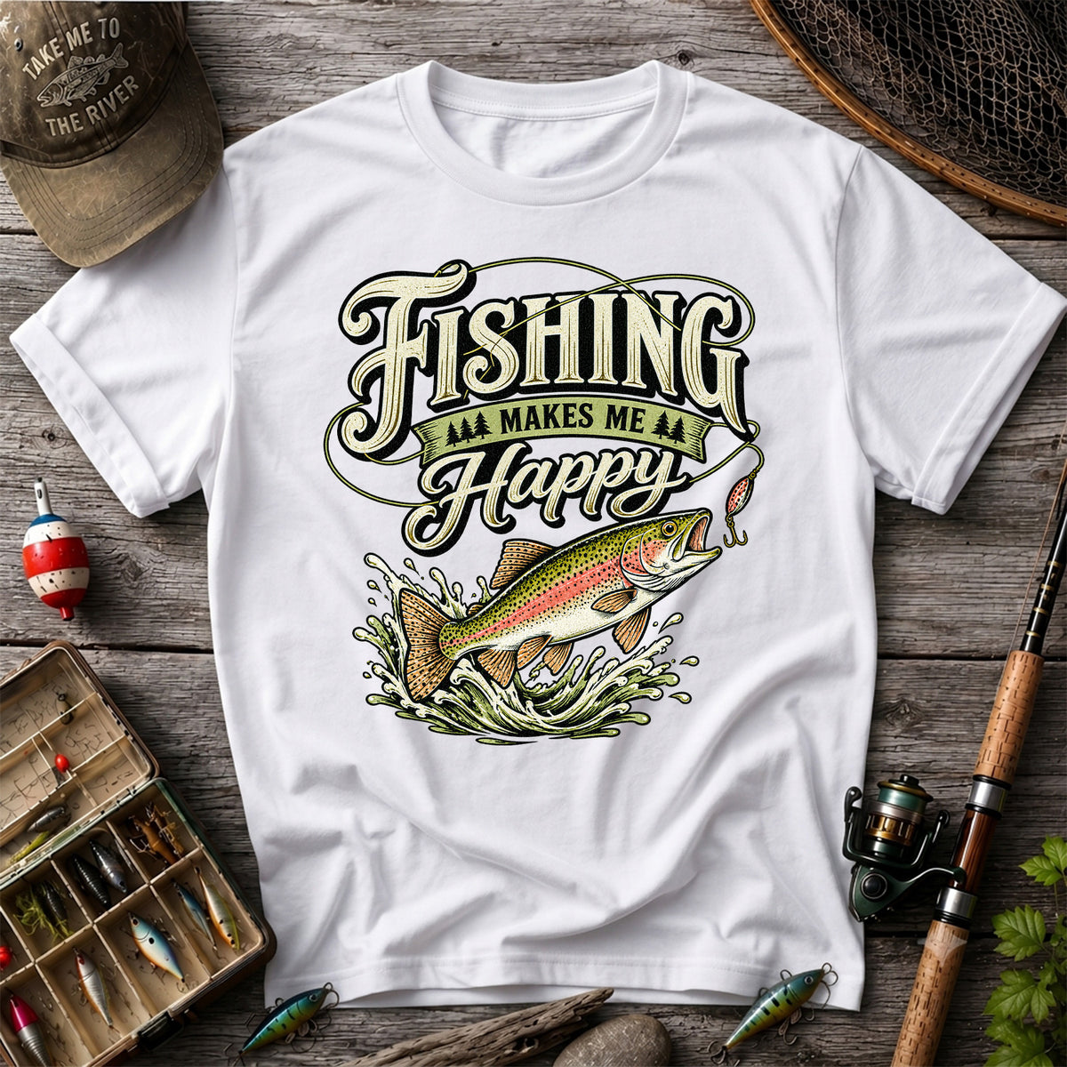 Fishing Makes Me Happy Rainbow Trout Vintage Graphic T-Shirt