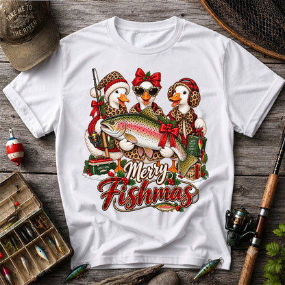 Merry Fishmas Christmas Ducks with Rainbow Trout Fishing T-Shirt