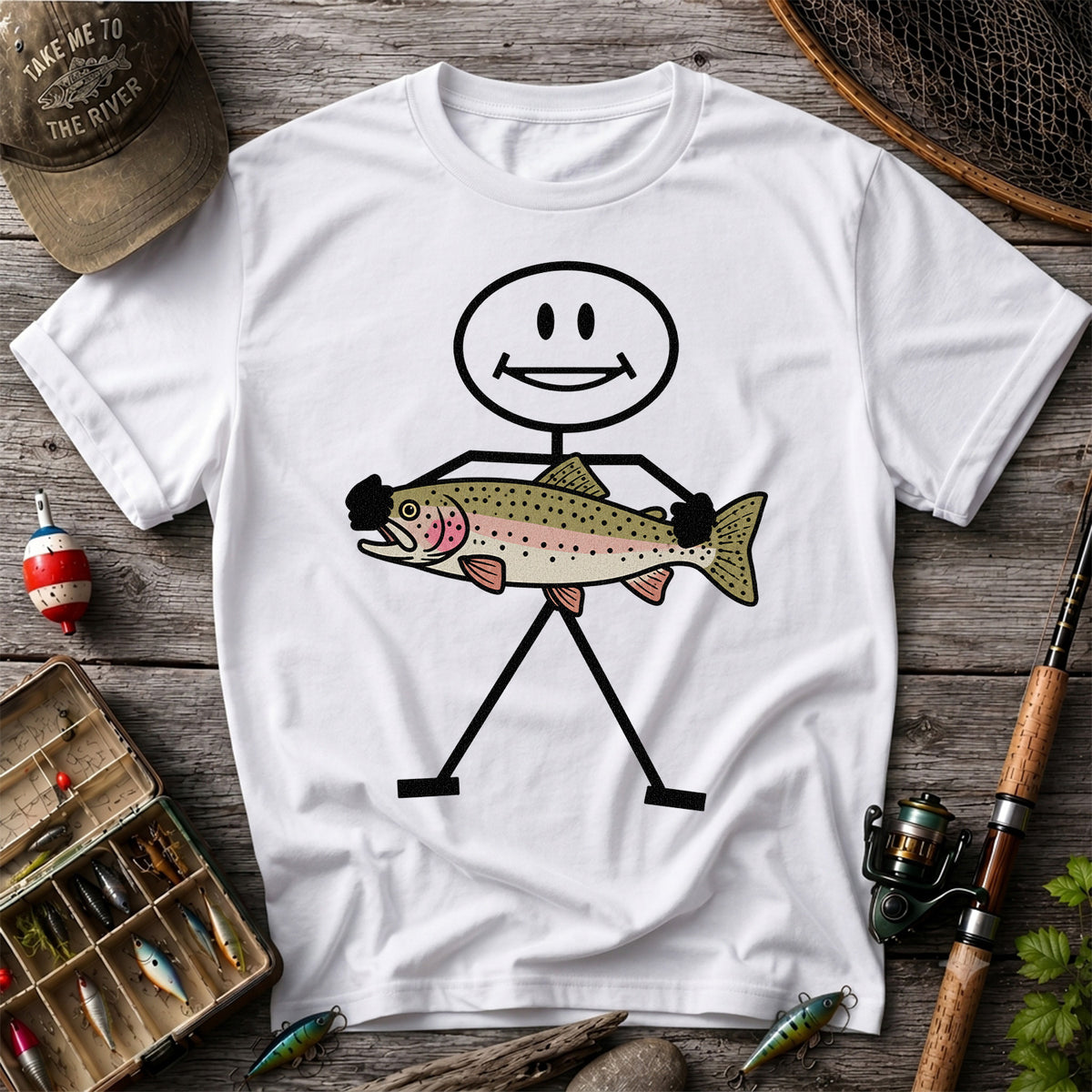Stick Figure Holding a Rainbow Trout Fishing T-Shirt