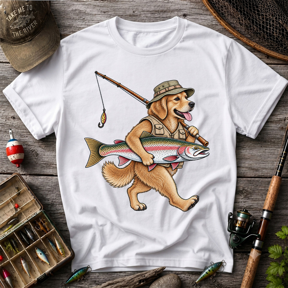 Golden Retriever Holding Rainbow Trout Fishing Graphic T-Shirt