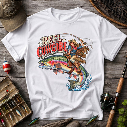 Reel Cowgirl Riding a Rainbow Trout Fly Fishing T-Shirt