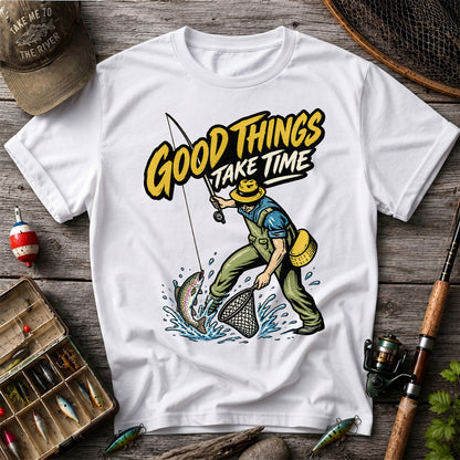 Good Things Take Time Rainbow Trout Fly Fishing Graphic T-Shirt