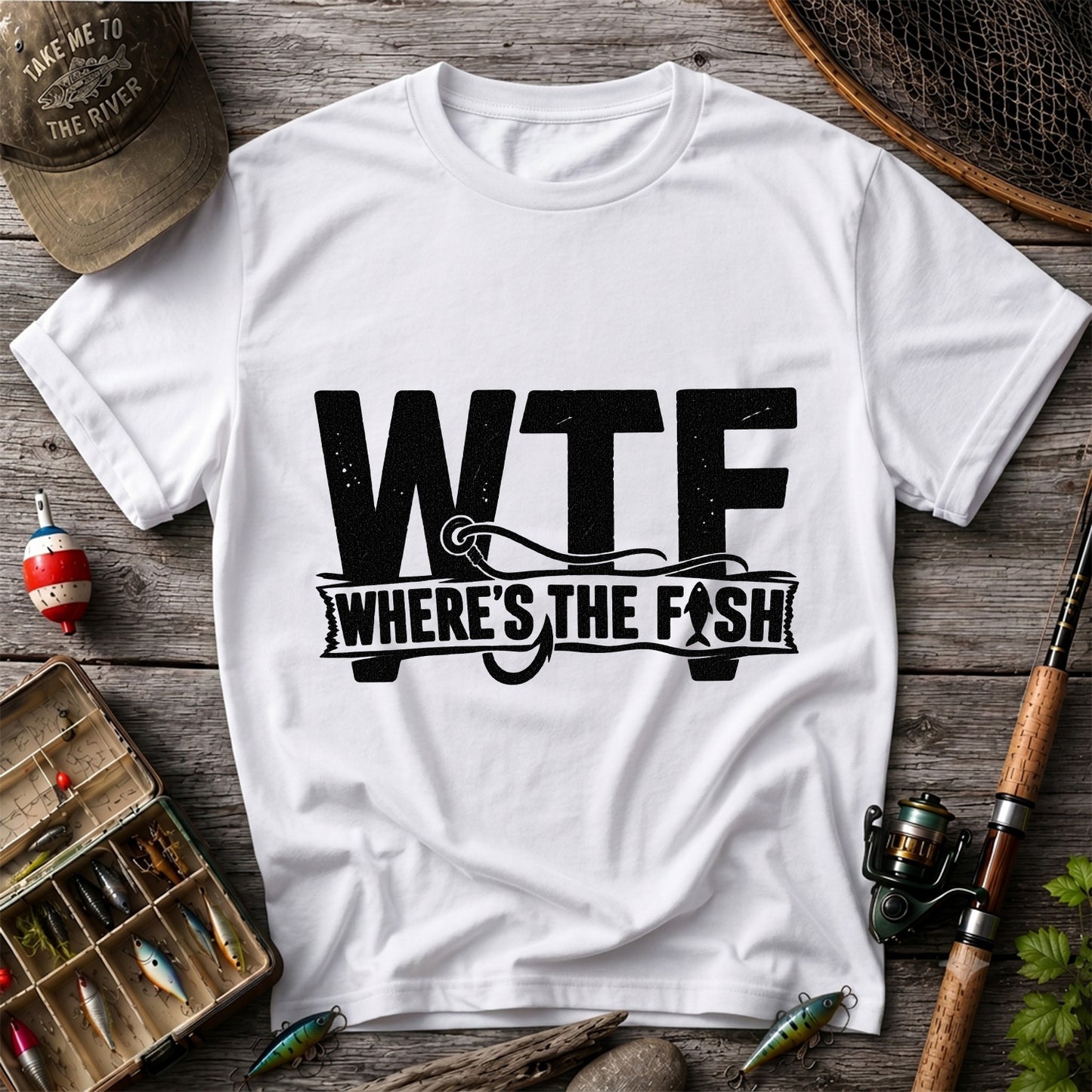 WTF Where's the Fish Funny Fishing Hook T-Shirt
