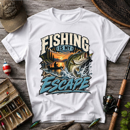 Fishing Is My Escape Jumping Bass and Sunset Lake Graphic T-Shirt