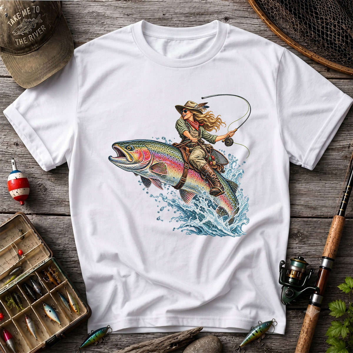 Cowgirl Riding a Rainbow Trout Fly Fishing Graphic T-Shirt
