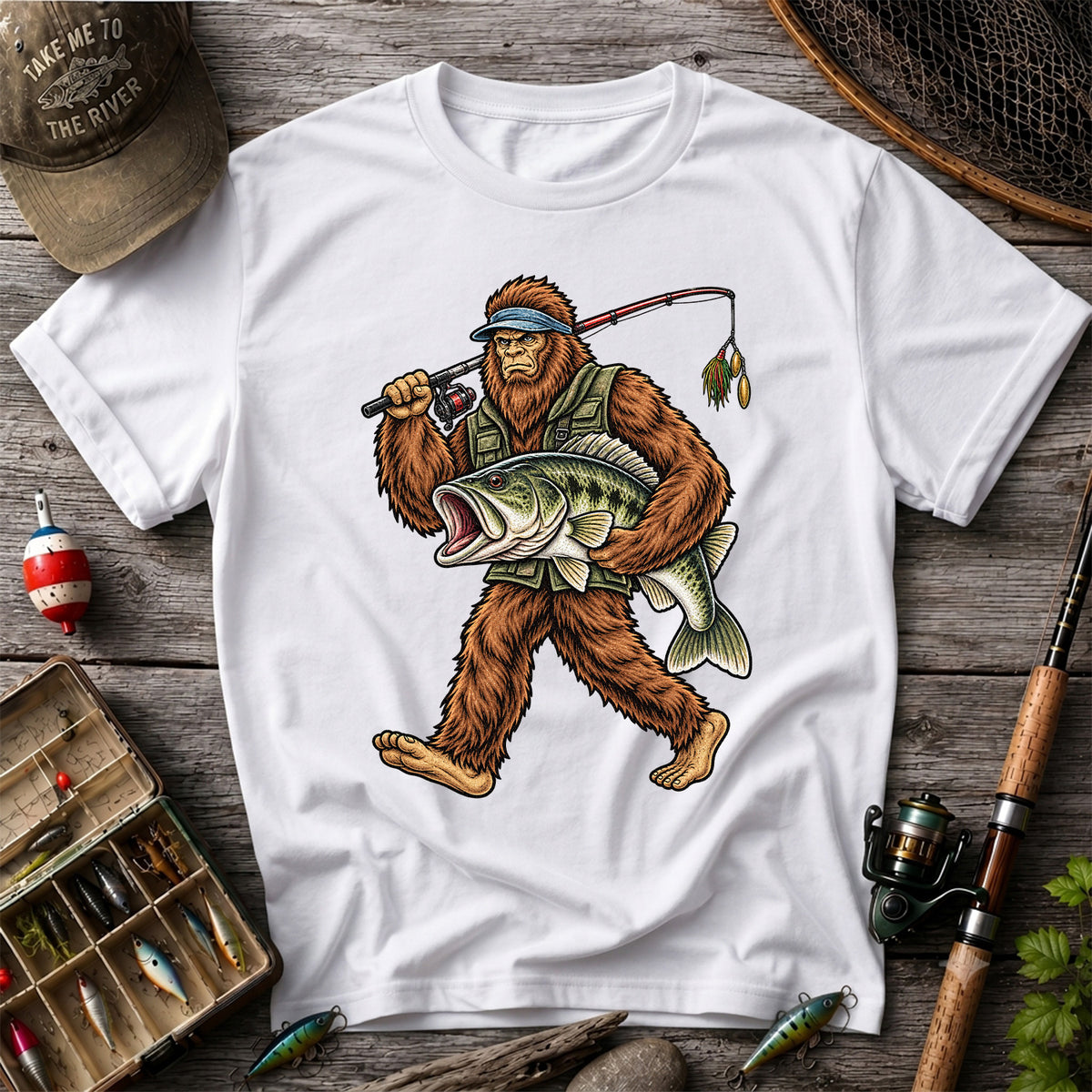 Bigfoot Holding a Largemouth Bass Fishing Graphic T-Shirt