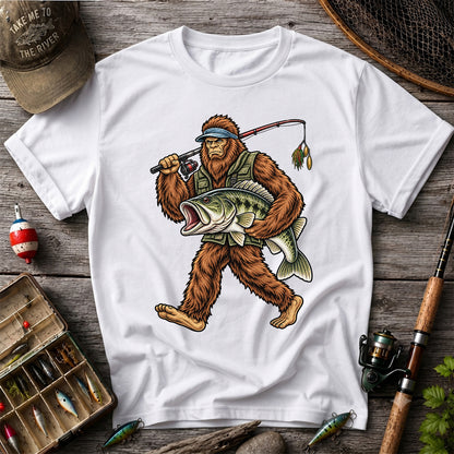 Bigfoot Holding a Largemouth Bass Fishing Graphic T-Shirt