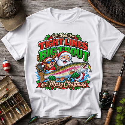 We Wish You Tight Lines Big Trout & a Merry Christmas Santa and Reindeer Fishing T-Shirt