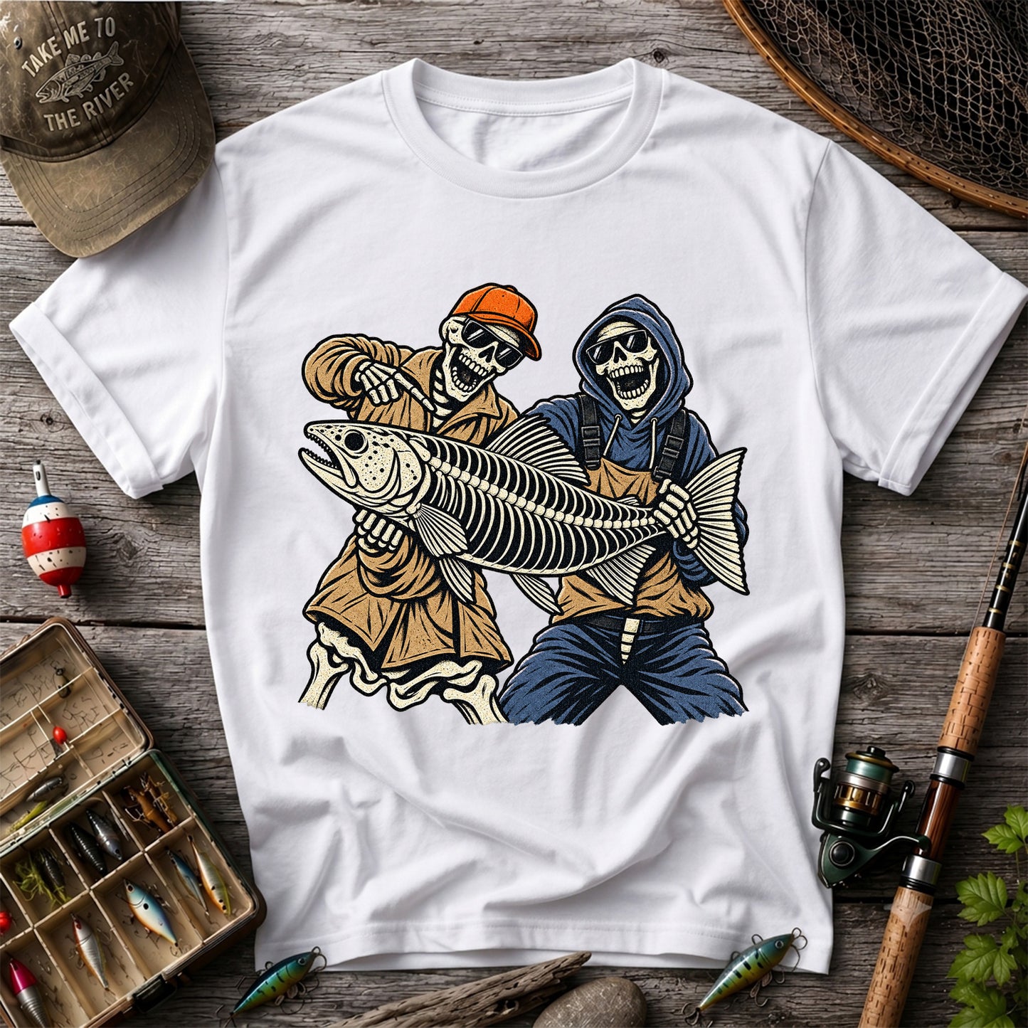 Skeleton Anglers Holding a Giant Fish Graphic T-Shirt