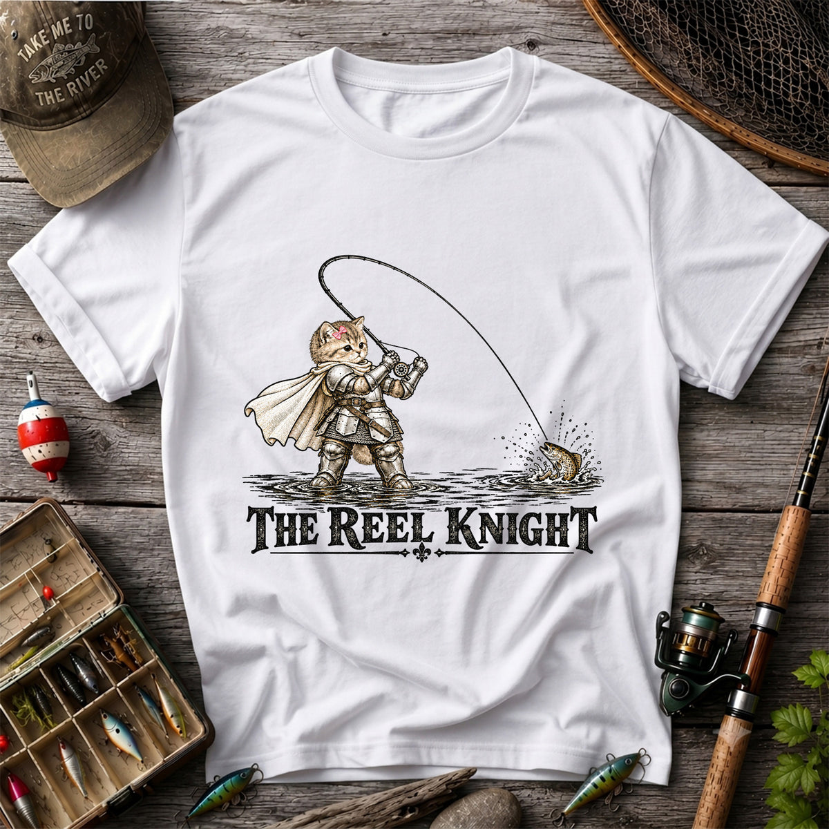 The Reel Knight Cat in Armor Funny Fishing Graphic T-Shirt
