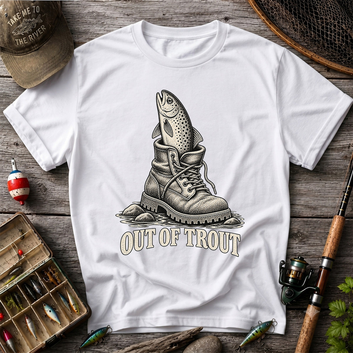 Out of Trout Funny Trout in a Hiking Boot Fishing T-Shirt