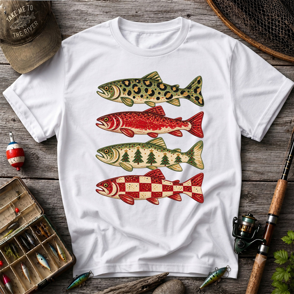 Four Seasonal Trout Patterns Christmas Fishing Graphic T-Shirt