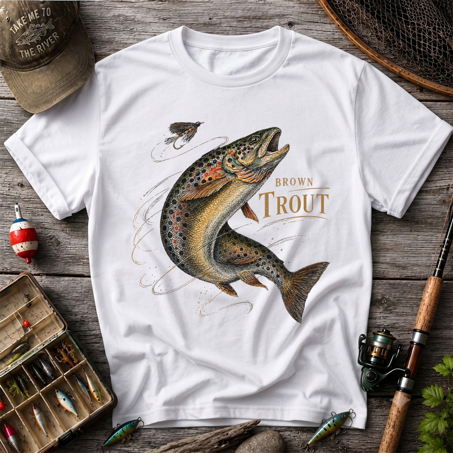 Brown Trout Chasing Fly Vintage Fishing Graphic T-Shirt