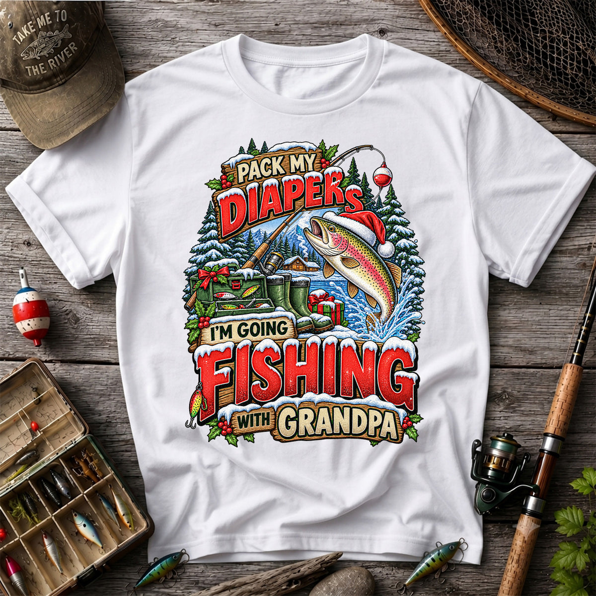 Pack My Diapers I'm Going Fishing With Grandpa Christmas Rainbow Trout T-Shirt
