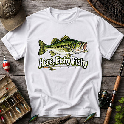 Here Fishy Fishy Funny Largemouth Bass Fishing Graphic T-Shirt