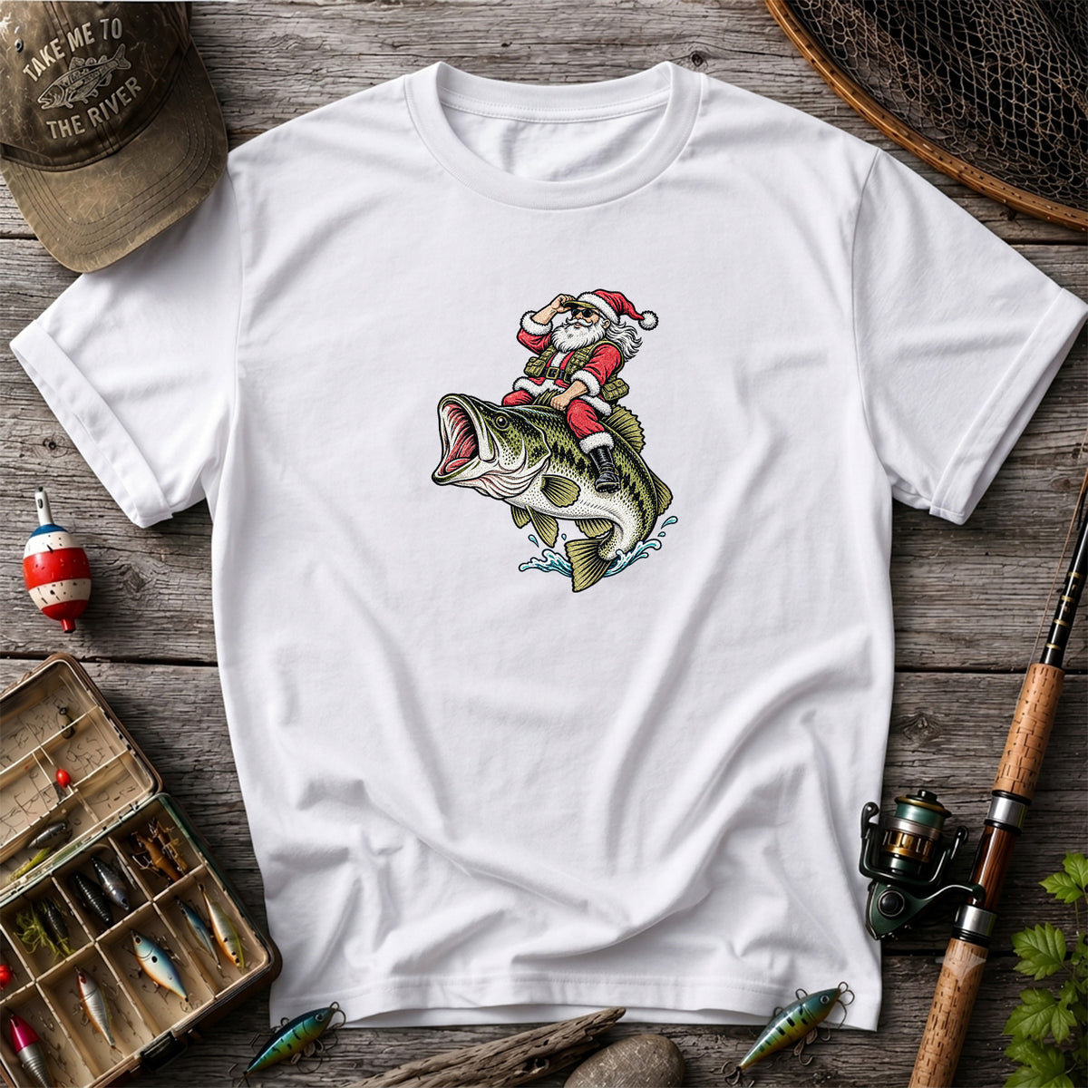 Santa Riding Largemouth Bass Christmas Fishing Graphic T-Shirt
