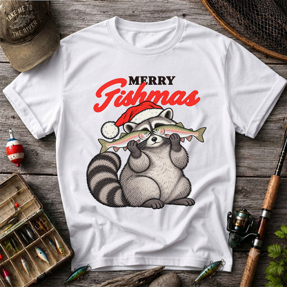 Santa Raccoon Holding Fish Christmas Fishing Graphic T-Shirt