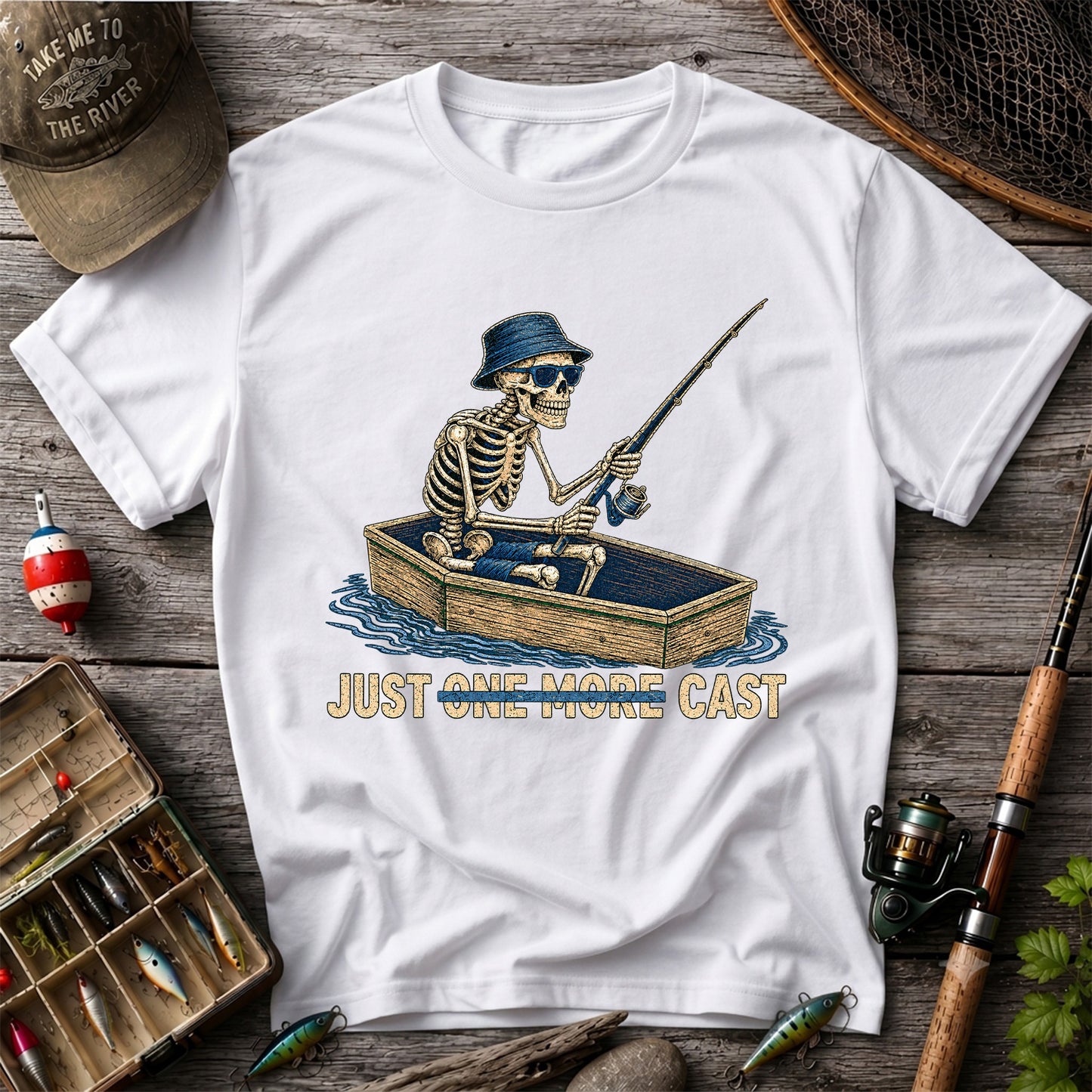 Just One More Cast Skeleton Fishing Boat Graphic T-Shirt