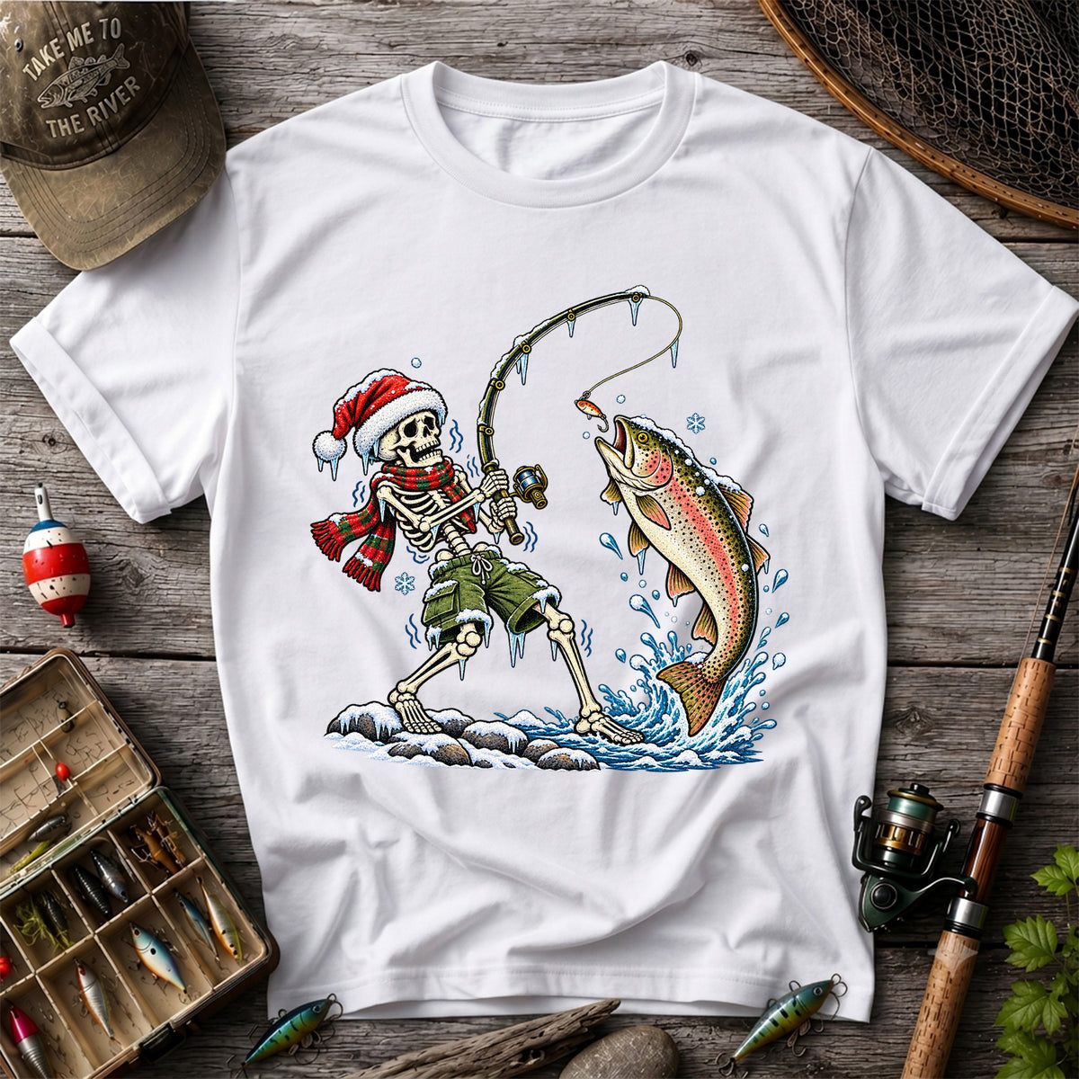 Christmas Skeleton Angler Catching a Rainbow Trout Fishing T-Shirt