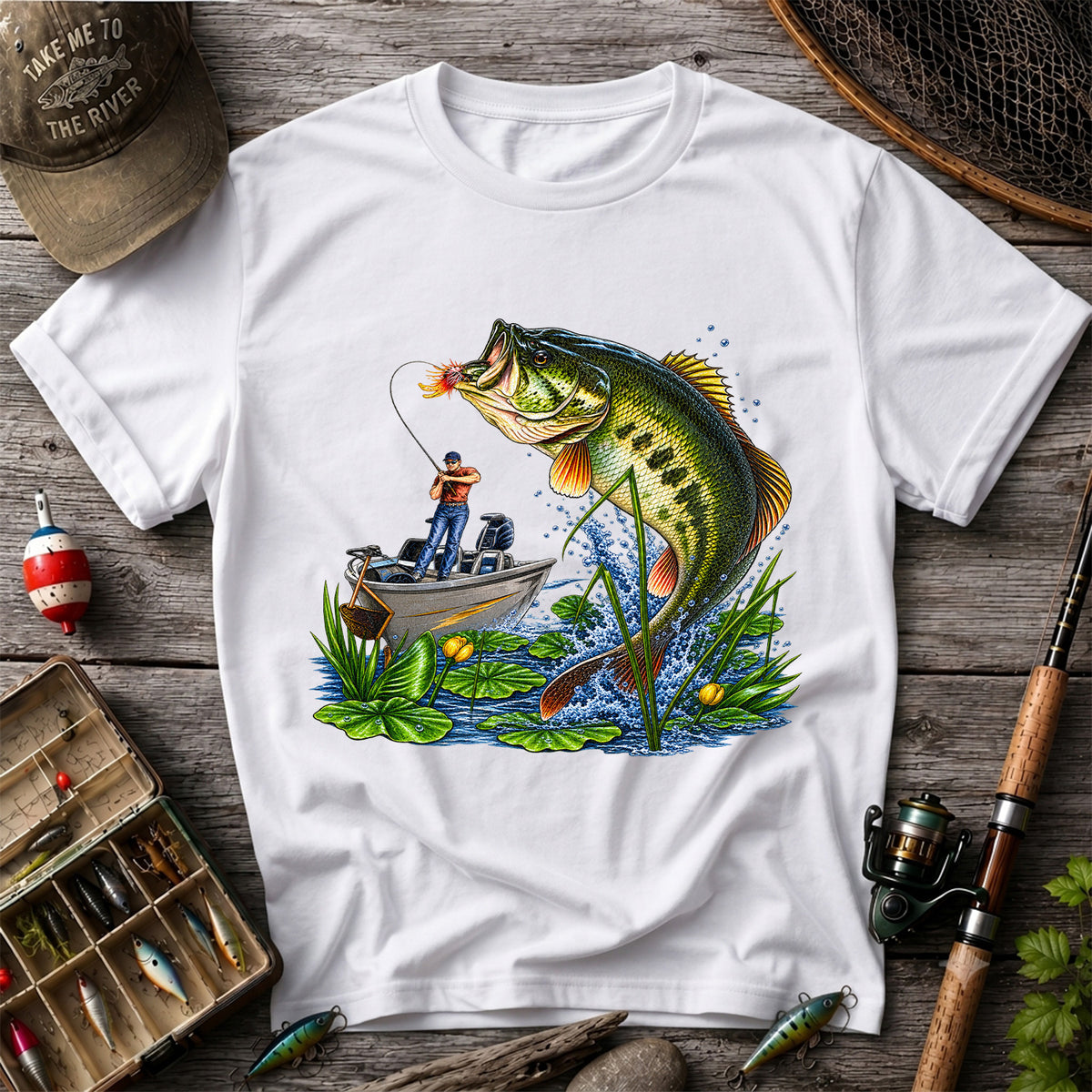 Largemouth Bass Leaping Beside Fishing Boat Graphic T-Shirt