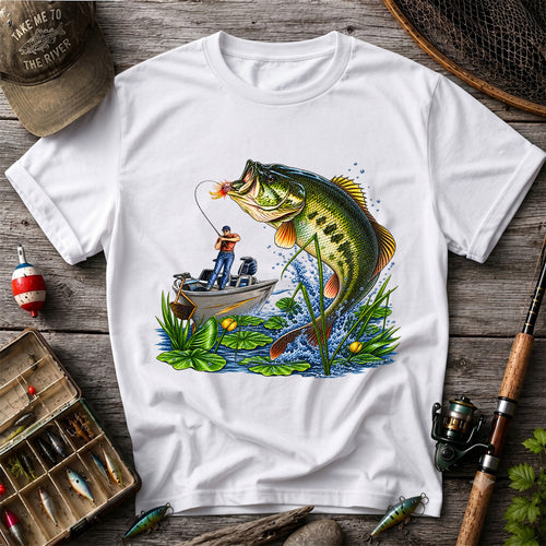 Largemouth Bass Leaping Beside Fishing Boat Graphic T-Shirt