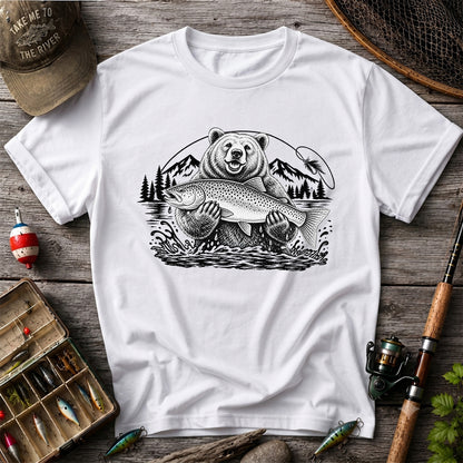 Bear Holding Trout in Mountain Lake Fishing Graphic T-Shirt