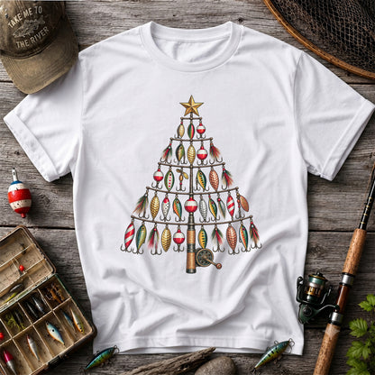 Fishing Lure Christmas Tree with Rod and Reel Graphic T-Shirt