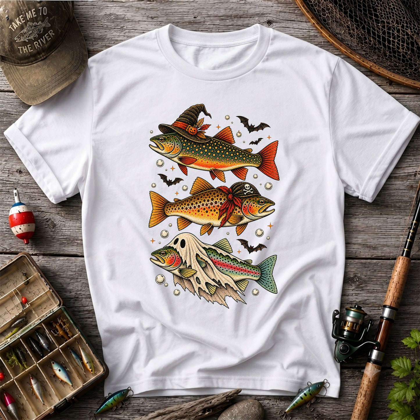 Halloween Trout Trio Witch Pirate and Ghost Fishing T-Shirt