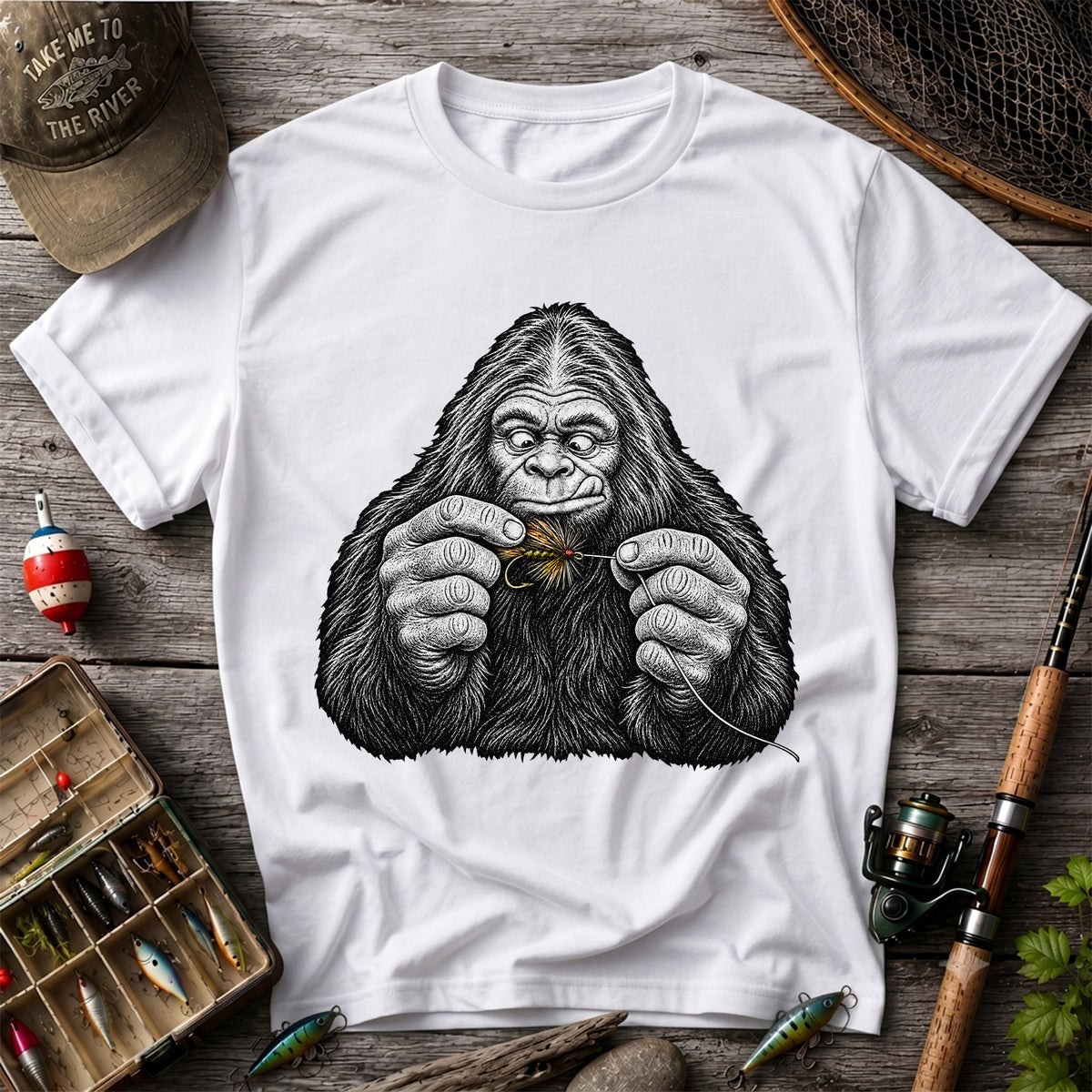 Bigfoot Tying a Fly Fishing Lure Graphic T-Shirt