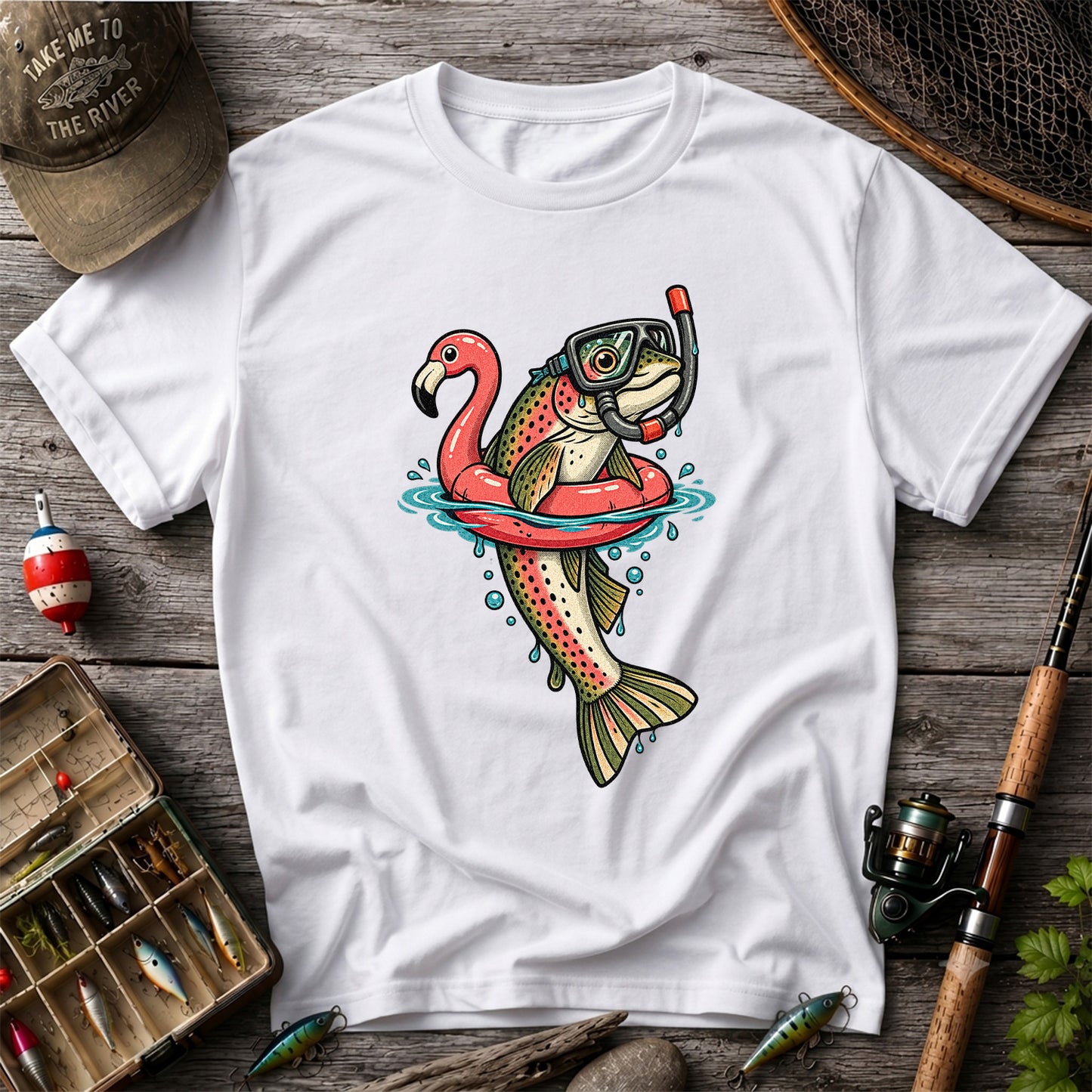 Rainbow Trout Snorkeling in a Flamingo Float Fishing Graphic T-Shirt